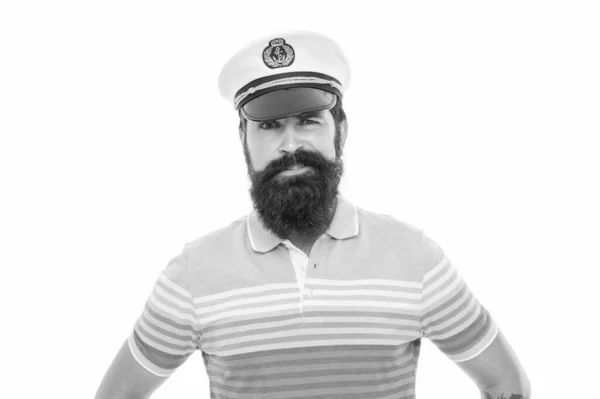 Worried Man Portrait Bearded Man Wearing Captain Hat Man Sailor — Zdjęcie stockowe