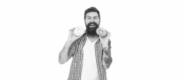 Szczęśliwy Człowiek Trzyma Studio Pączkami Deserowymi Facet Pączki Deser Lub — Zdjęcie stockowe