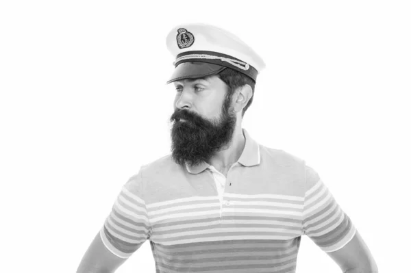 Bearded Man Portrait Isolated White Bearded Man Wearing Captain Hat — Stock Photo, Image
