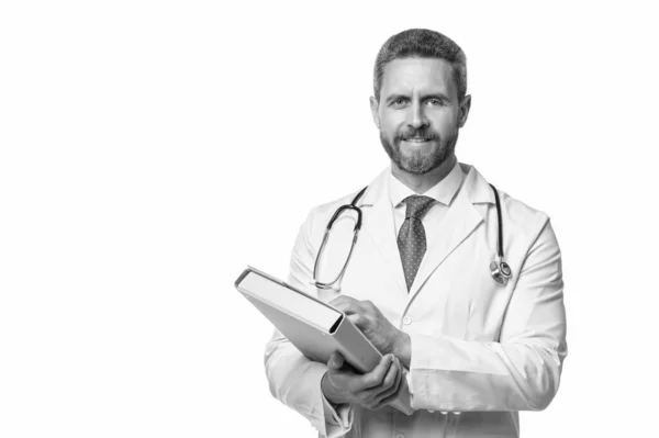 Χαμογελαστός Γιατρός Φάκελο Γιατρός Απομονωμένος Στα Λευκά Ιατρός Κάτοχος Ιατρικού — Φωτογραφία Αρχείου