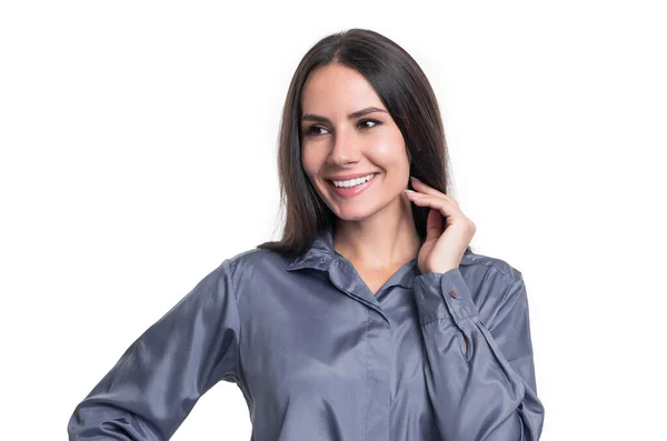 Gelukkige Zakenvrouw Geïsoleerd Witte Achtergrond Professionele Zakenvrouw Draagt Een Shirt — Stockfoto