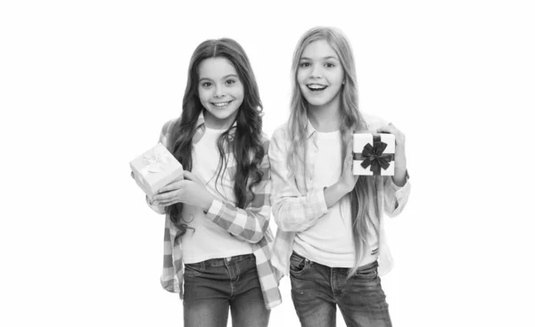 Some More Presents Time Happy Girls Holding Present Boxes Boxing — Stok fotoğraf