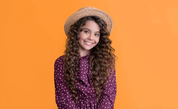 Cheerful Child Straw Hat Long Brunette Curly Hair Yellow Background — Foto Stock