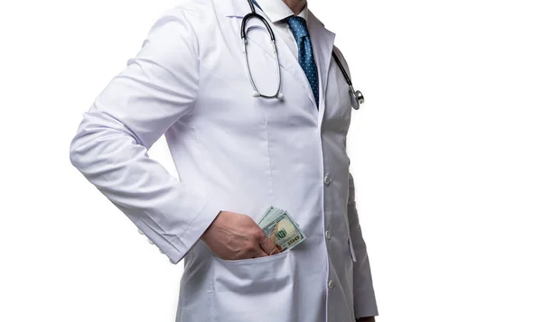 Κομμένη Φωτογραφία Γιατρού Δωροδοκείται Γιατρός Δωροδοκείται Απομονωμένος Στα Λευκά Γιατρός — Φωτογραφία Αρχείου