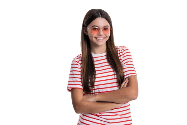 Positive Summer Teen Girl Wear Striped Shirt Isolated White Summer — Stock Photo, Image