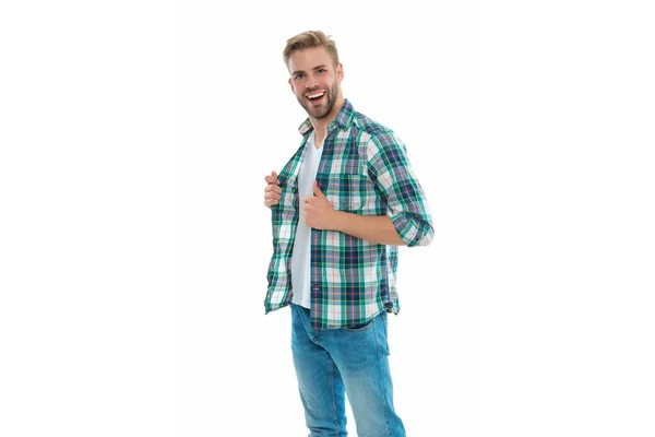 Glücklicher Lässiger Mann Studio Foto Eines Lässigen Mannes Karierten Hemd — Stockfoto