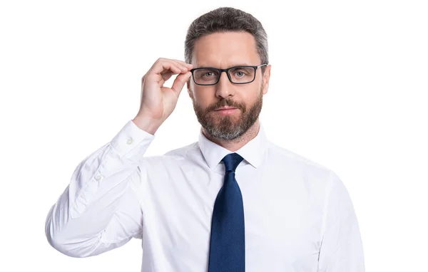 Hombre Mira Gafas Aisladas Blanco Hombre Mira Gafas Estudio Hombre — Foto de Stock