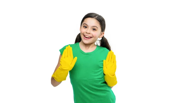快乐的女孩打扫被白色隔离的房间 工作室里的女清洁工 背景下的女清洁工 女孩打扫房间的照片 — 图库照片