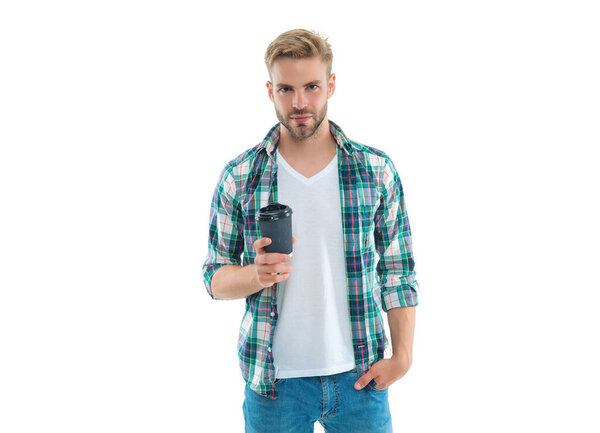 caucasian millennial man with coffee isolated on white. caucasian man with coffee on background. caucasian man with coffee in studio. photo of caucasian man with coffee.