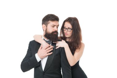 Tek ve biricik. Sevgililer Günü konsepti. Zarif bir resmi moda. Seksi kadın ve smokin adam. Birbirine aşık çiftler. İş ortaklığı. Aşk ve romantizm. resmi çift özel durumu kutluyor.