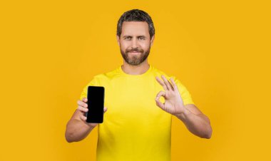 Akıllı telefon uygulaması gösteren adamın fotoğrafı, tamam. Akıllı telefon uygulaması gösteren adam sarıda izole edilmiş. Adam arka planda akıllı telefon uygulaması gösteriyor. Stüdyoda akıllı telefon uygulaması gösteren bir adam.