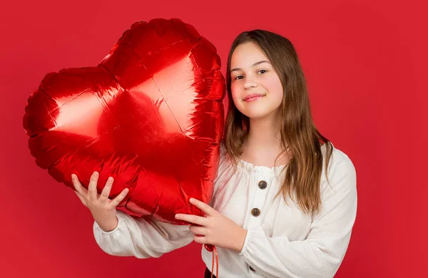 Cheerful Kid Hold Love Heart Balloon Red Background — Stock Photo, Image