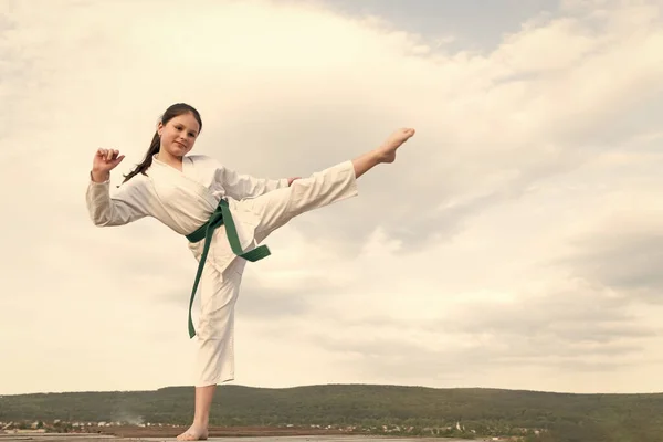 Karate Concept Teen Girl Practicing Karate Girl Karate Fighter Sky — Photo