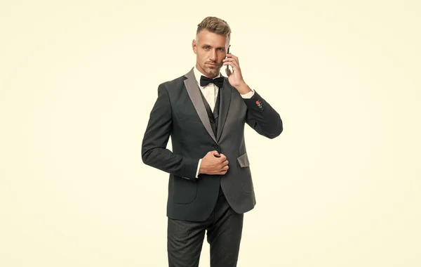 Entrepreneur Tuxedo Speaking Smartphone Isolated White Background — 스톡 사진