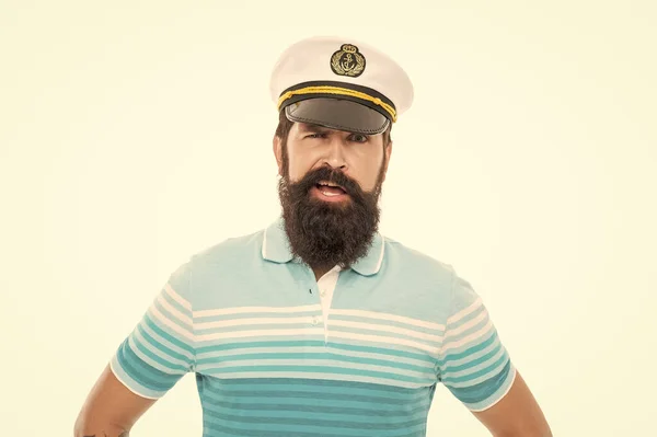 船長の肖像画だ 船乗りの帽子をかぶった髭の男 神経質な男の顔と髭を白い上に隔離された — ストック写真