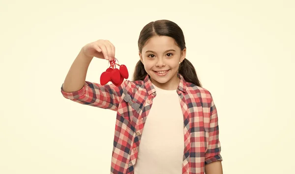Słodka Dziewczyna Czerwonymi Sercami Dziecko Trzyma Symbol Miłości Serca Szczęśliwych — Zdjęcie stockowe