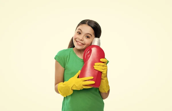 Cheerful Girl Cleaner Detergent Studio Girl Cleaner Detergent Background Photo — Fotografia de Stock