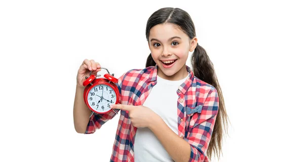 Vrolijk Punctueel Tienermeisje Met Alarm Geïsoleerd Wit Punctueel Tienermeisje Met — Stockfoto