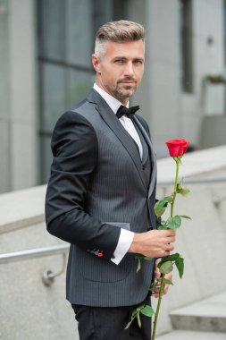 Siyah smokinli zarif bir adam. Smokin papyon takan adam dışarıda. Kırmızı güllü yetişkin smokin giyen adam..