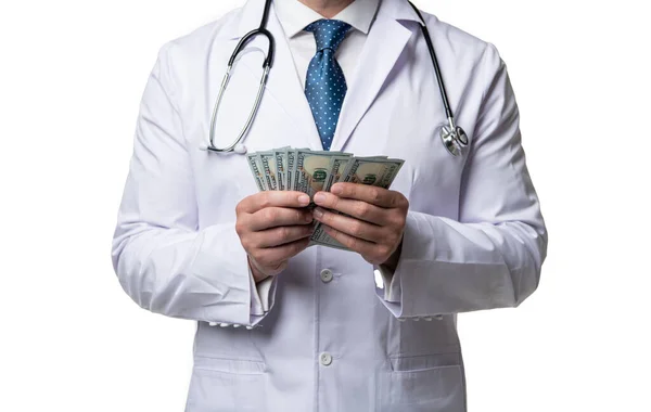 Περικοπή Άποψη Του Γιατρού Δείχνουν Ιατρικά Έξοδα Απομονώνονται Λευκό Γιατρός — Φωτογραφία Αρχείου