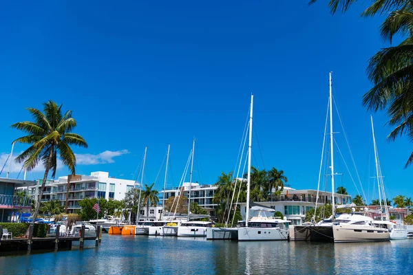 stock image Miami, Florida USA - March 25, 2023: miami summer harbour with sailing yachts.