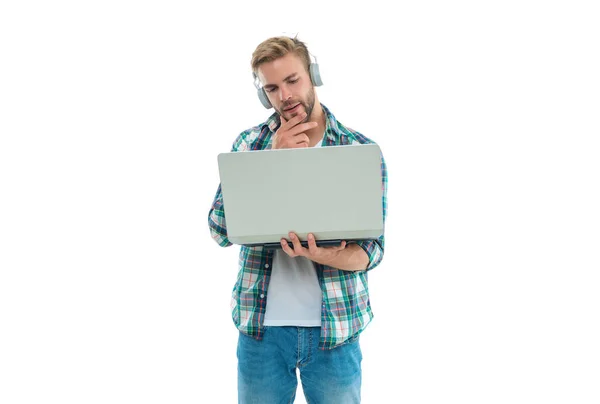Pondering Millennial Man Blogger Isolated White Millennial Man Blogger Background — Stock Photo, Image
