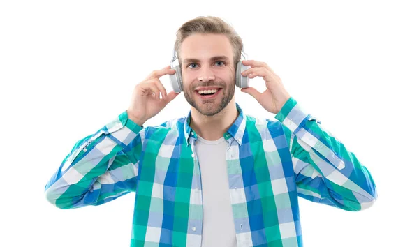 Photo Happy Millennial Man Music Lover Isolated White — Stock Photo, Image