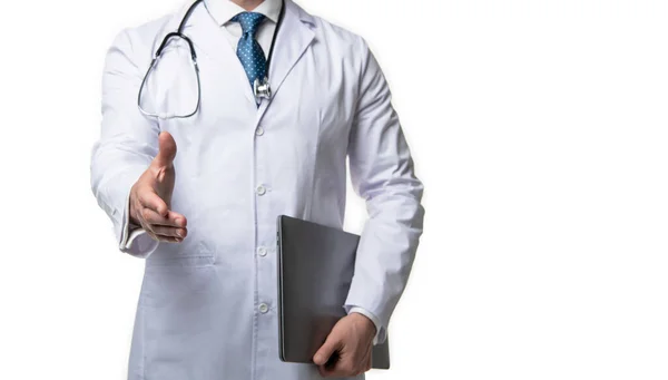 Doctor Presenting Emedicine Background Advertisement Cropped Photo Emedicine Doctor Man — Stock Photo, Image