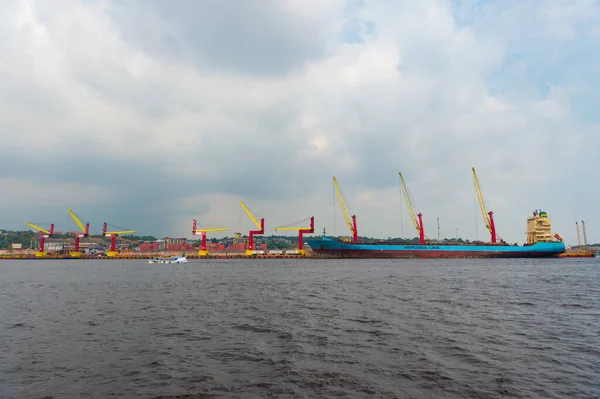 Manaus Brazil December 2015 Mercosul Line Cargo Barge Port Cranes — Stock Photo, Image