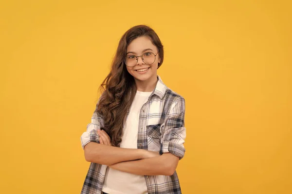 Happy Teen Girl Checkered Shirt Glasses Yellow Background — Stock Photo, Image