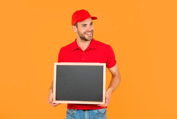 Happy Guy Bristle Holding Chalkboard Copy Space Yellow Background Advertisement — Stok Foto