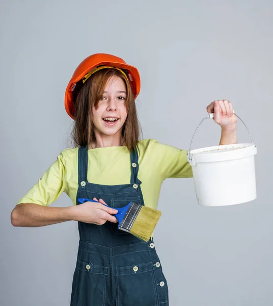 Teen Girl Laborer Protective Helmet Uniform Use Painting Brush Bucket — 스톡 사진