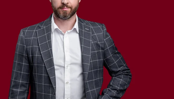 cropped view of man with formal menswear. photo of man in formal menswear. formal man wear menswear isolated on red background. man in formal menswear studio.