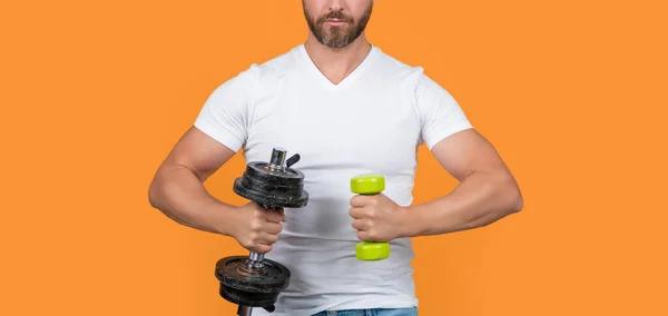 Cropped Strong Sport Man Training Dumbbell Isolated Yellow Strong Sport — Foto de Stock