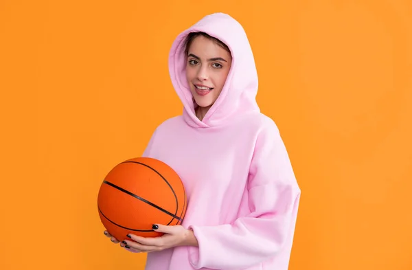 Cheerful Sporty Girl Basketball Ball Yellow Background — Stockfoto