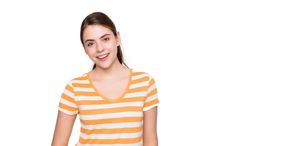 Happy Young Girl Summer Striped Tshirt Isolated White Background — 스톡 사진