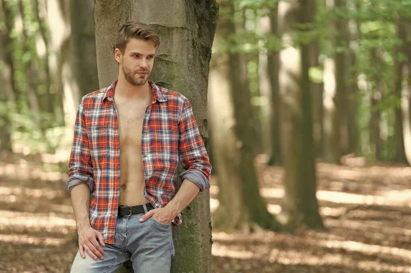 Homem Lumbersexual Sem Barba Camisa Lenhador Desabotoado Fundo Floresta Árvore — Fotografia de Stock