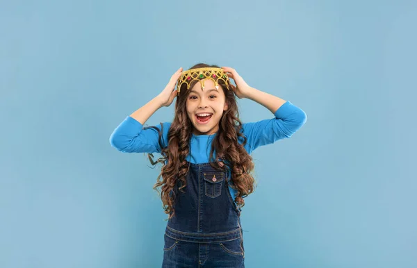 Laughing Child Curly Hair Queen Crown Blue Background Happiness — Foto de Stock