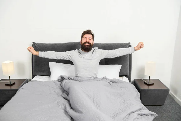 Happy Guy Smiling Stretching Bed Waking Sleep Morning — Stockfoto