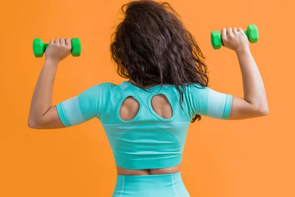 Fitness Frau Macht Gewichtheben Mit Kurzhantel Rückenansicht Fitness Frau Macht — Stockfoto