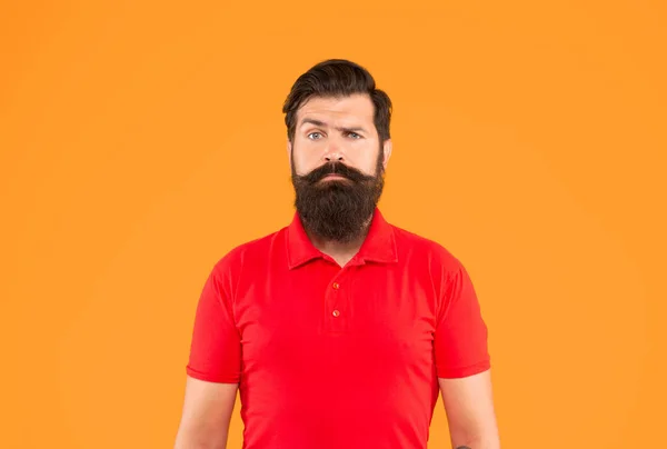 Serious Bearded Man Moustache Tshirt Yellow Background Face — Stock Photo, Image