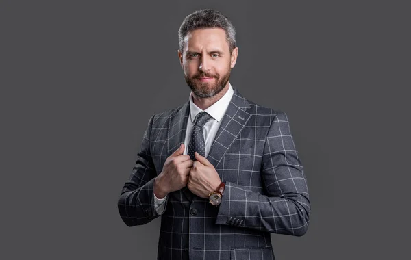 Smiling Businessperson Formalwear Suit Businessperson Formalwear Isolated Grey Background Businessperson — Stockfoto
