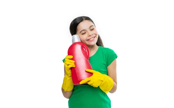 Happy Κορίτσι Καθαριστικό Απορρυπαντικό Απομονώνονται Λευκό Καθαρίστρια Απορρυπαντικό Στο Στούντιο — Φωτογραφία Αρχείου