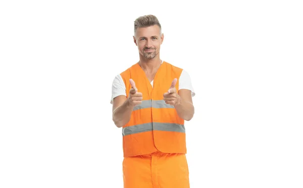 Muž Vedoucí Ukazováček Pozadí Fotografie Muže Nadřízeného Nosit Oranžovou Vestu — Stock fotografie