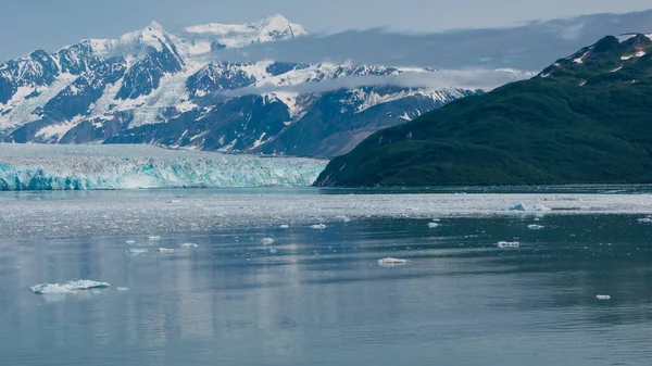 氷河湾の自然景観 山の海岸自然の高山の風景です 氷の海と山の風景 米国アラスカ州のハバード氷河の性質 緑と雪の山の斜面自然 — ストック写真
