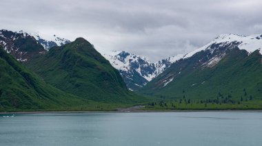 Doğa manzaralı manzaralı bir dağ. Karlı zirveleri olan manzara dağı. Alaska 'daki dağların manzarası. Doğadaki manzara dağının fotoğrafı..