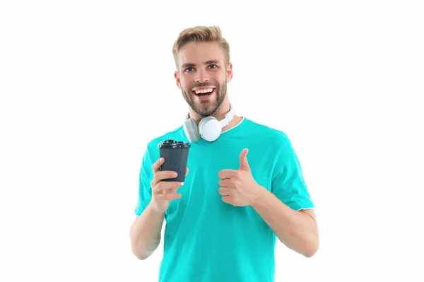 Millennial Kerl Mit Kaffee Isoliert Auf Weiß Daumen Hoch Millennial — Stockfoto