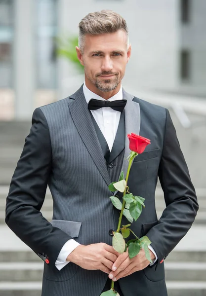 Ocasião Especial Formalwear Rosto Homem Elegante Com Rosa Para Ocasião — Fotografia de Stock