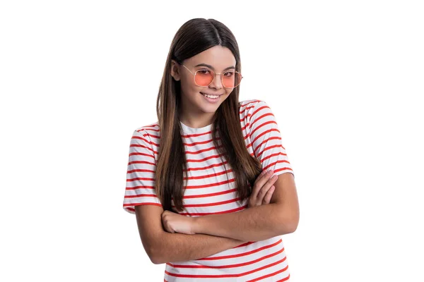 Happy Summer Tween Girl Wear Striped Studio Photo Summer Tween — Stock Photo, Image