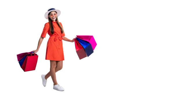 Tini Lány Nyári Vásáron Táskákkal Másolás Hely Tini Lány Nyári — Stock Fotó
